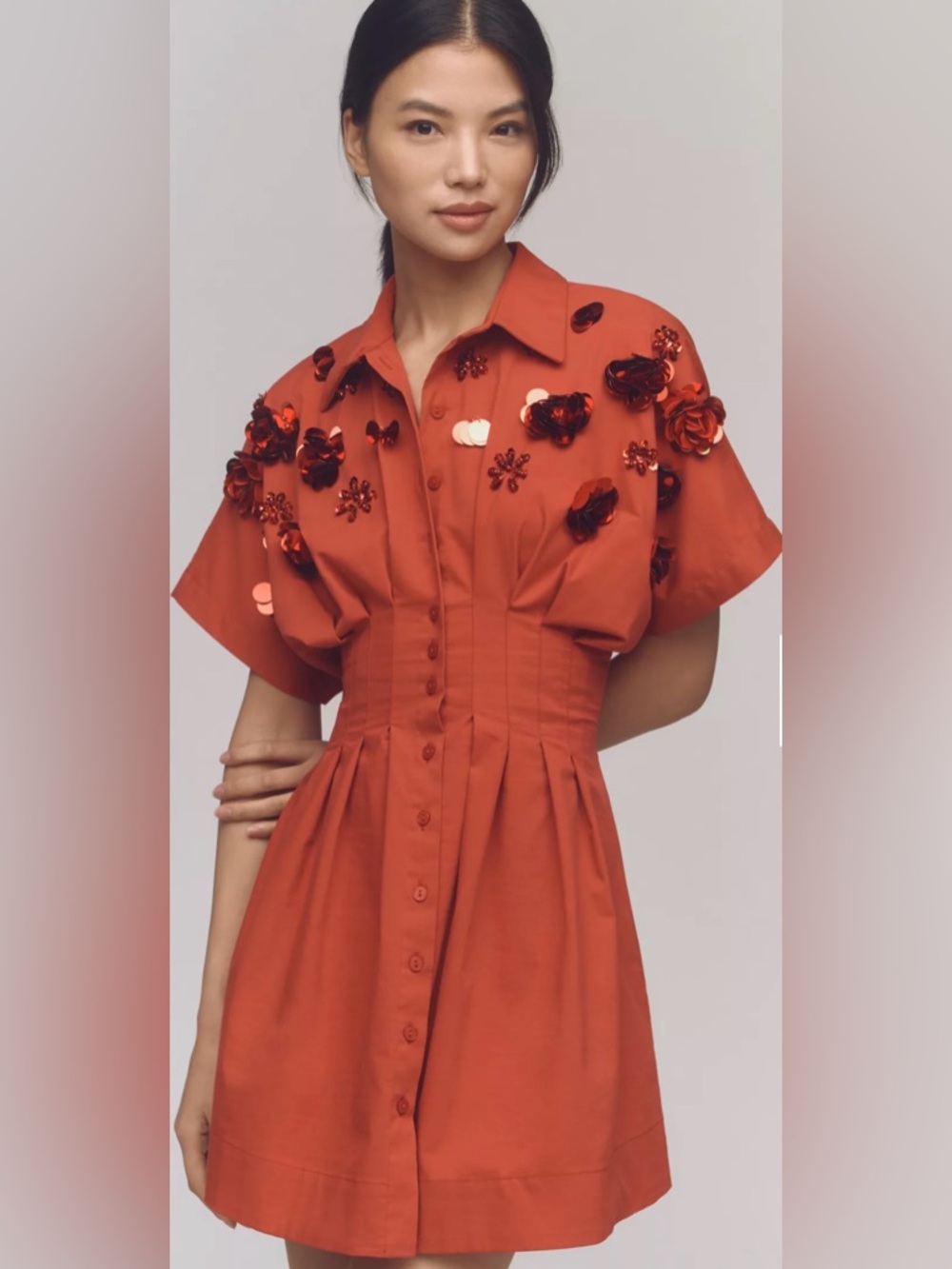 Anthropologie The Tobie  Pleated Mini Shirt Dress With Sequins by Exquise 1X NWT